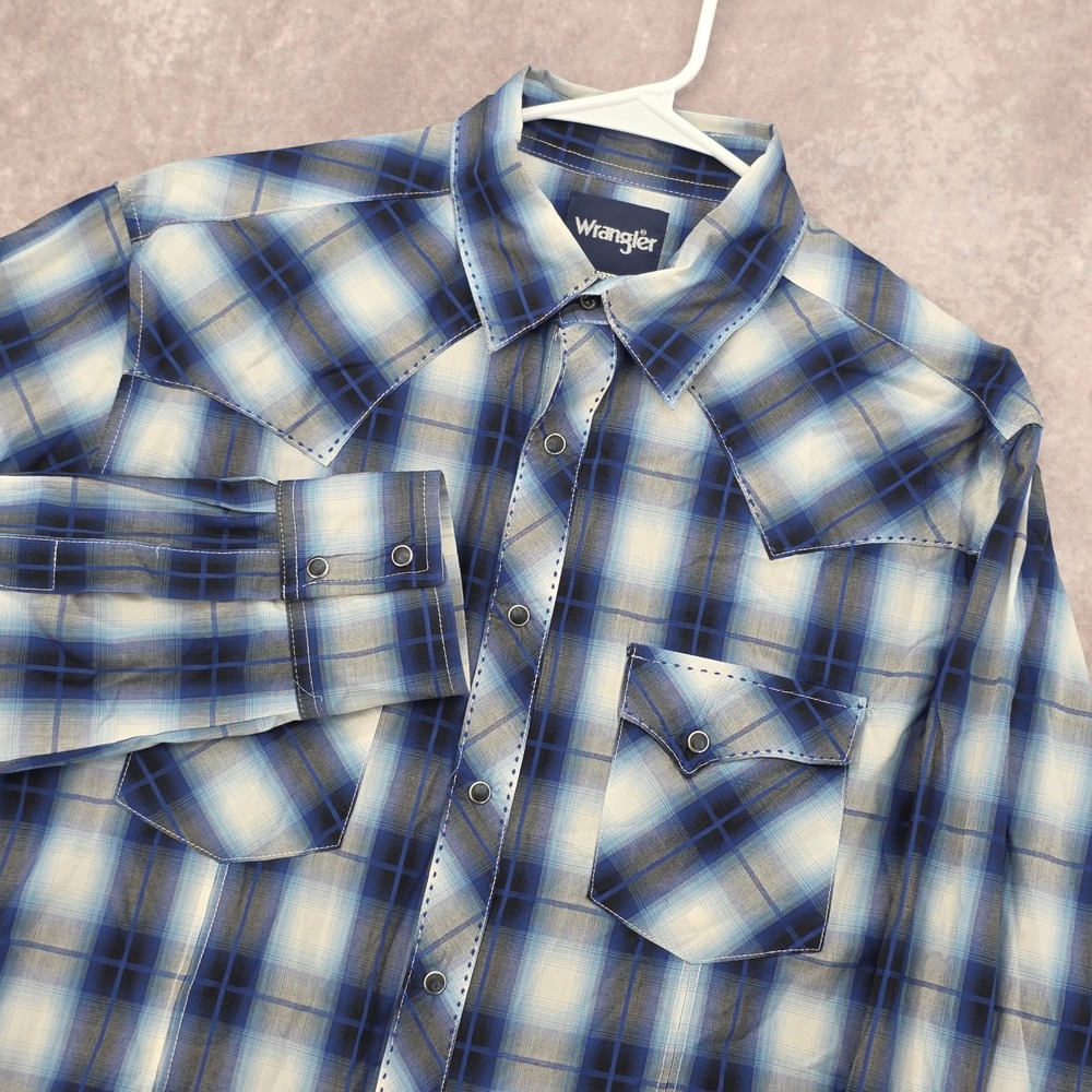 Wrangler Mens Large Plaid Blue Long Sleeve Western Snap Shirt Cowboy Casual